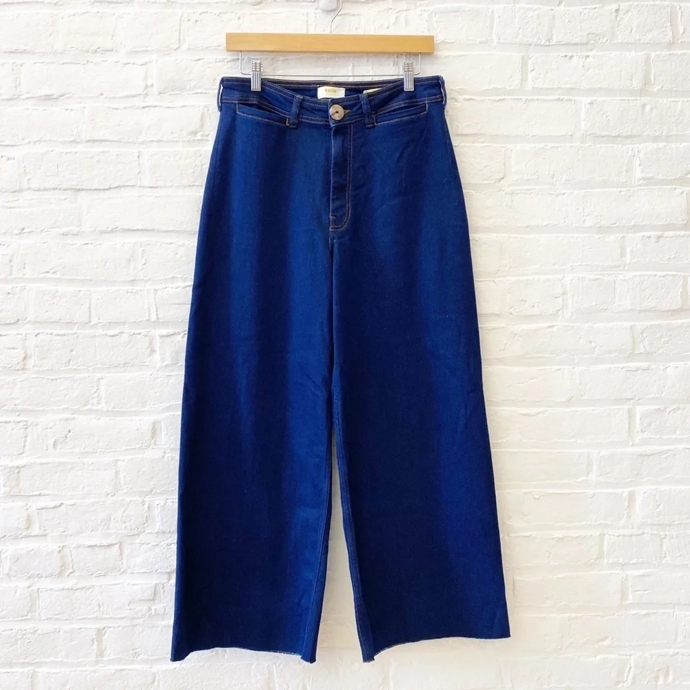 Anthropologie || High Rise‎ Wide Leg Raw Hem Trouser Jeans Dark Wash Blue 31